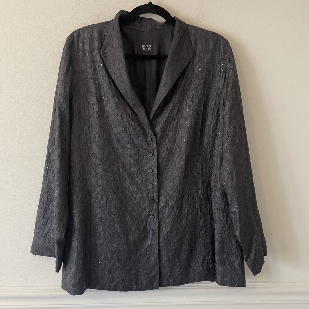 Eileen Fisher Silk Embroidered Sequin Jacket Black Size L Petite Career Event